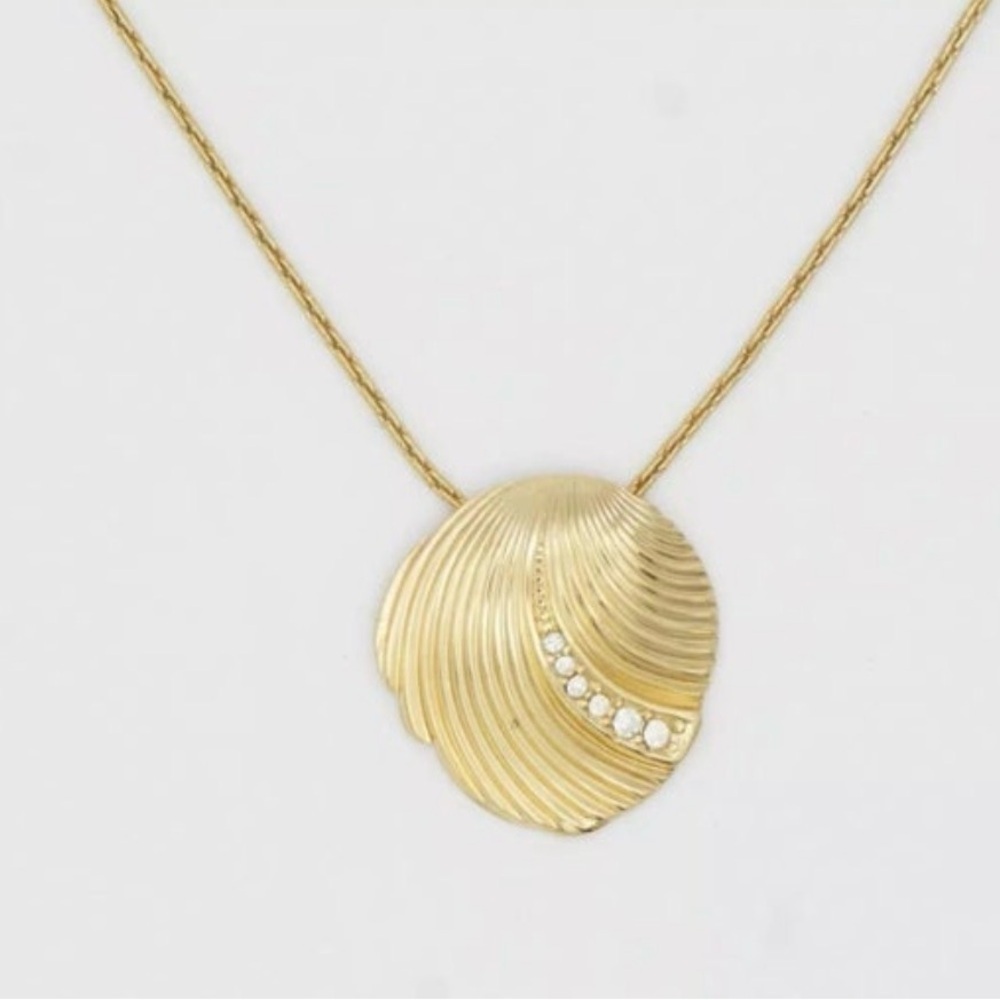 CHRISTIAN DIOR Vintage 80’s Modernist Shell Pendant W/ Crystals Gold Necklace - Picture 2 of 10